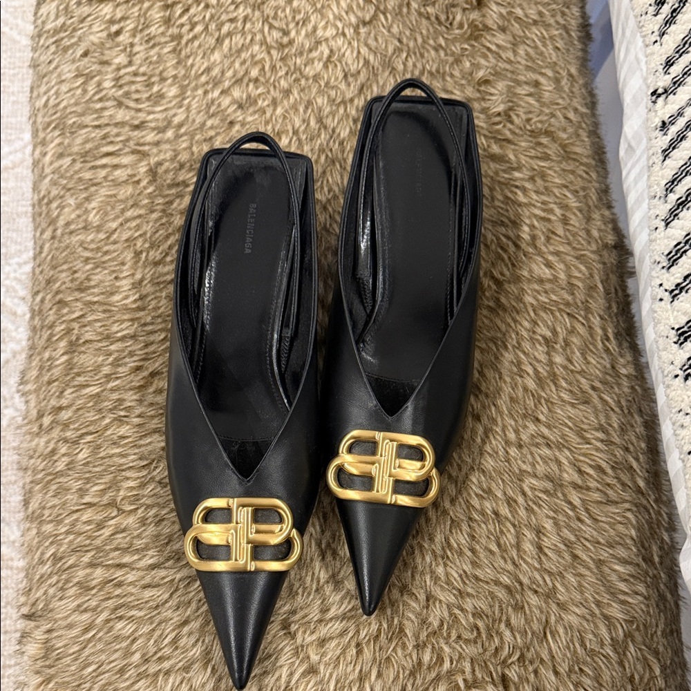 Balenciaga Black Heels with Gold Logo Detail